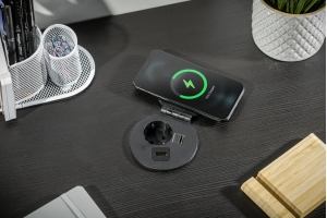 Мебельная врезная розетка с крышкой CHARGER PLUS 1xSCHUCKO, USB A+C (сменные USB-A, HDMI, RJ45), индукционная зарядка 5W, черный